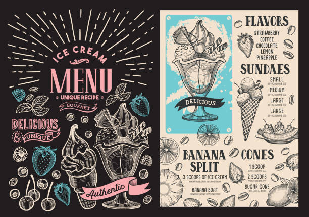 illustrations, cliparts, dessins animés et icônes de menu du restaurant la crème glacée. vector dessert nourriture flyer pour bar et café. modèle de conception avec des illustrations dessinées à la main vintage sur fond noir. - ice cream sundae ice cream chocolate