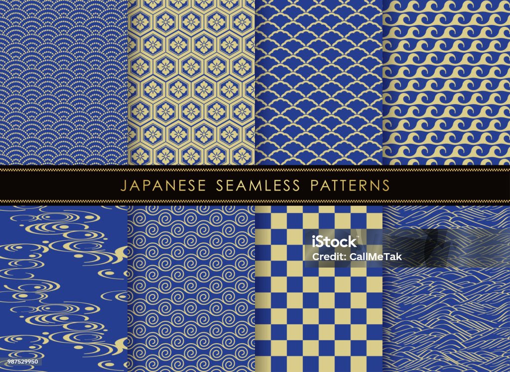 Conjunto de patrones japoneses tradicionales, sin costuras. - arte vectorial de Patrones visuales libre de derechos