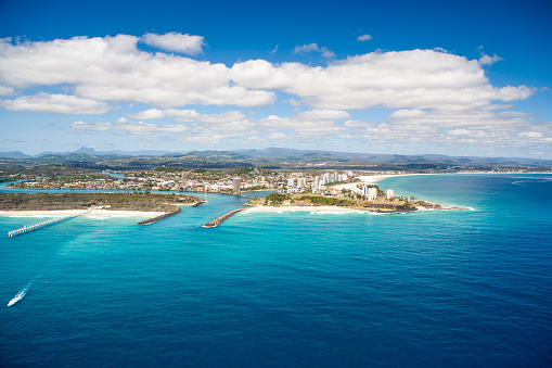Snapper Rocks, Duranbah and the Tweed River mouth from an aerial perspective on the southern Gold Coast
