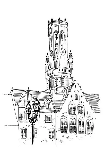 Vector illustration of Belfort van Brugge, Bruges, Belgium.