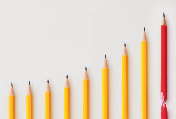 istock yellow and red pencils on technical chart of financial expansion. wave pattern row on white background. minimal idea. business concept for control financial budget. 987545190