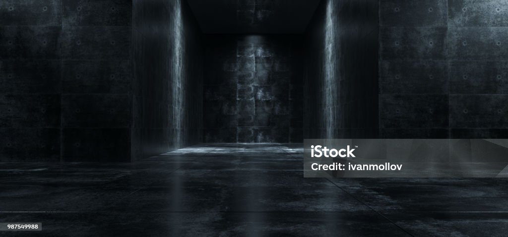 Grunge escuro vazio concreto quarto com luzes acesas a paredes de renderização 3D - Foto de stock de Escuro royalty-free