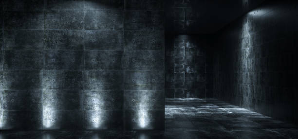 istock Empty Dark Grunge Concrete Room With Lights On The Walls 3D Rendering 987551198