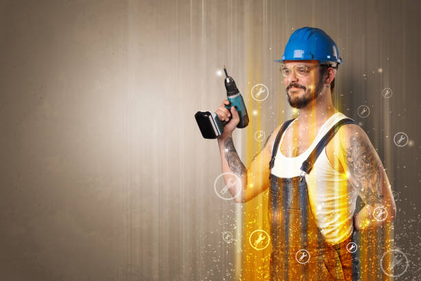 istock Manual worker with wrench symbol. 987554410