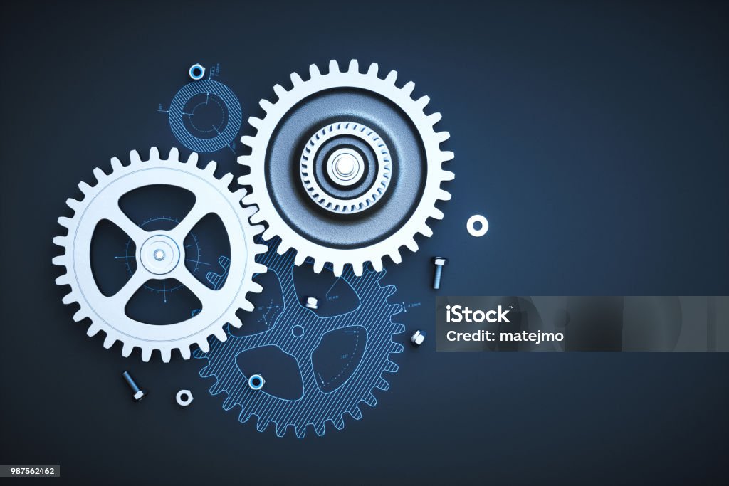 Gears on blueprint wallpaper top view with bolts & nuts. Gears on blueprint wallpaper top view with bolts & nuts. This image is a 3D render. Gear - Mechanism Stock Photo