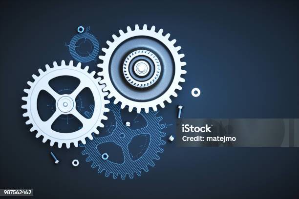 Gears On Blueprint Wallpaper Top View With Bolts Nuts Stock Photo - Download Image Now