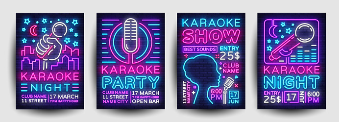 Karaoke party poster collection neon vector. Karaoke night design template, bright neon brochure, modern trend design, light banner, typography invitation to the party, advertising postcard. Vector.