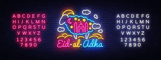 Vector illustration of Muslim holiday Eid al-Adha holiday vector illustration. Eid al-Adha neon sign design template, modern trend design, light banner. Design decoration Kurban Bayram. Vector. Editing text neon sign