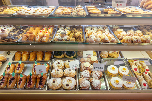 Close shot at a vitrine with different confectionery pastries