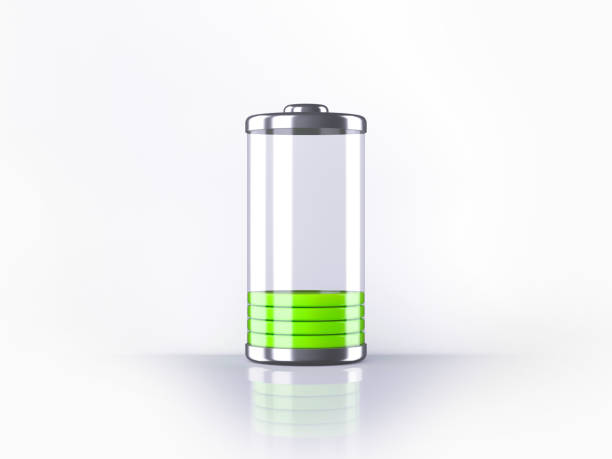 istock Charged battery. Low charge battery. Battery charging status indicator. Glass realistic power green battery illustration on white
 background. 987597734
