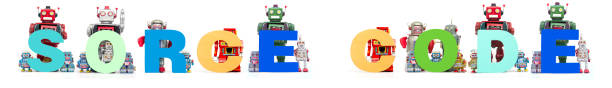 retro tin robot toys hold up the word   SORCE CODE solated
