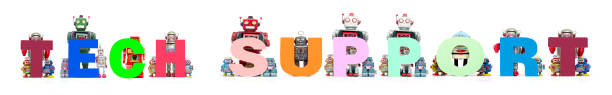 istock retro tin robot toys hold up the words TECH SUPPORT 987602238