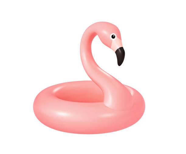aufblasbare rosa flamingo, isoliert auf weiss - float stock-fotos und bilder
