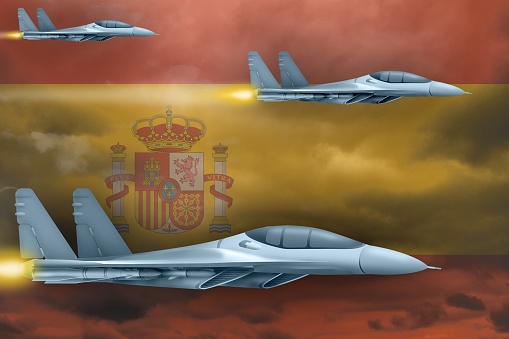 Spain air strike concept. Modern war airplanes attack on Spain flag background. 3d Illustration
