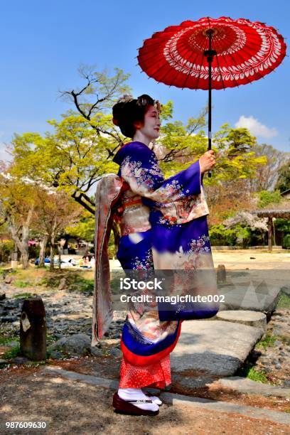 Japanese Woman In Maikos Costume Enjoying Kyotos Spring Stock Photo - Download Image Now