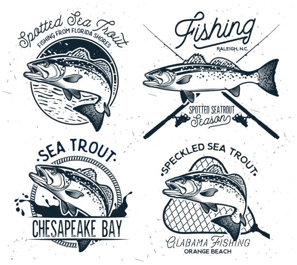 Emblemas de pesca de truta do mar vintage, rótulos e elementos de Design. - ilustração de arte em vetor