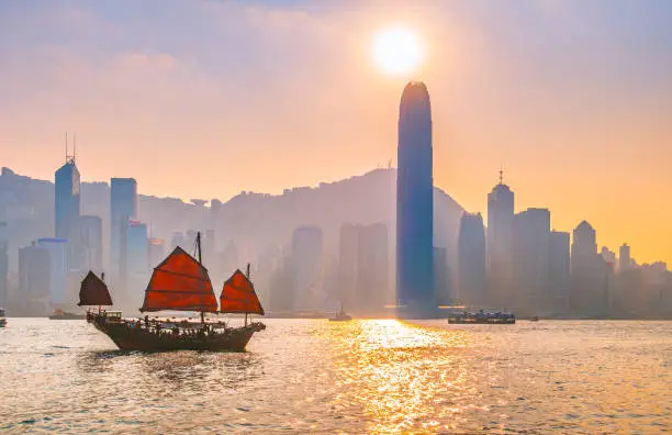 View of Victoria Harbor in Hong Kong during sunset Beautiful and with a junk boat Hong Kong City