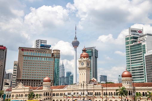 Cityscape skyline contrasting modern and colonial architecture in Kuala Lumpur