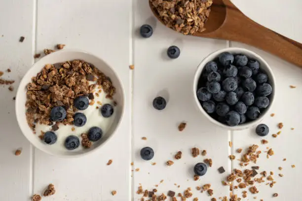Breakfast with yogurt, crispy muesli and fresh blueberries