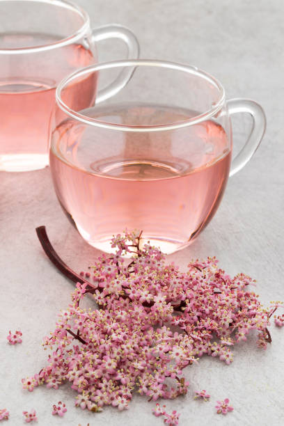 Cup of pink elderberry blossom tea Cup of pink elderberry blossom tea and a fresh twig pink tea stock pictures, royalty-free photos & images