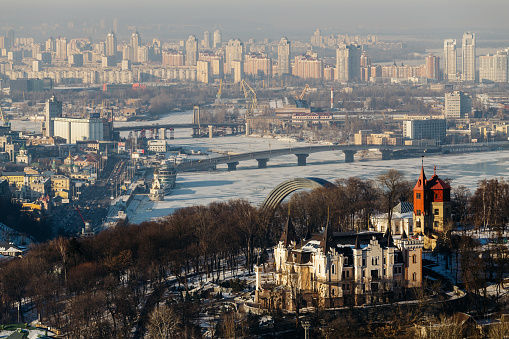 Top View of the Dnieper Park and Havana bridge in Kiev, Ukraine in winter day.