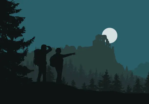Vector illustration of Two tourists go to castle ruins, green forest between mountains and hills, under night sky with moon - vector