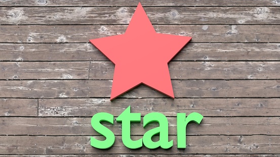 Star,learn how to spell a word by playing with flashcards - a single word with a corresponding object to help in study and remembering basic words, close up, 3d illustration