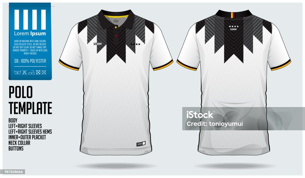 Germany Team Polo t-shirt sport template design for soccer jersey, football kit or sportwear. Classic collar sport uniform in front view and back view. T-shirt mock up for sport club. Germany Team Polo t-shirt sport template design for soccer jersey, football kit or sportwear. Classic collar sport uniform in front view and back view. T-shirt mock up for sport club. Vector Illustration. Polo stock vector