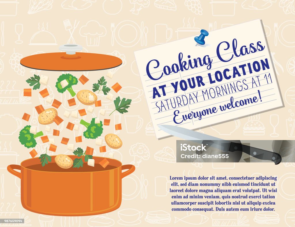 Cooking Class template Cooking class poster design with vegetables and meats falling into a pot to cook. Recipe stock vector