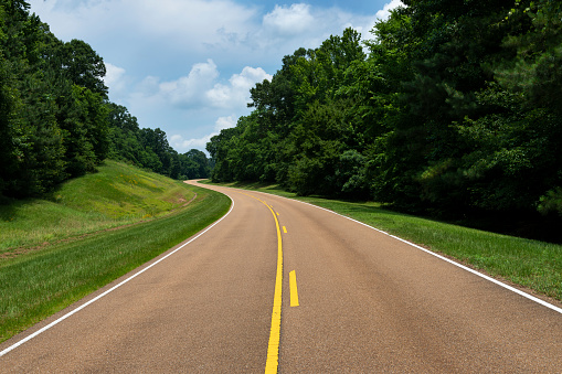 View of the Natchez Trace Parkway in Mississippi, USA; Concept for travel in America and road trip in America