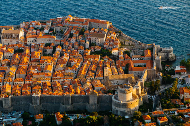 View from the top of the mountain of Srdj to the old part of the city in the fortress in Dubrovnik, Croatia View from the top of the mountain of Srdj to the old part of the city in the fortress in Dubrovnik, Croatia. fort minceta dubrovnik stock pictures, royalty-free photos & images