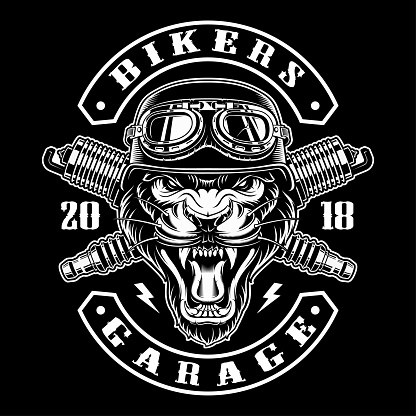 Panther biker with spark plugs. Vector illustration with motorcycle rider. All elements, colors text are on the separate layers. BLACK AND WHITE VERSION.