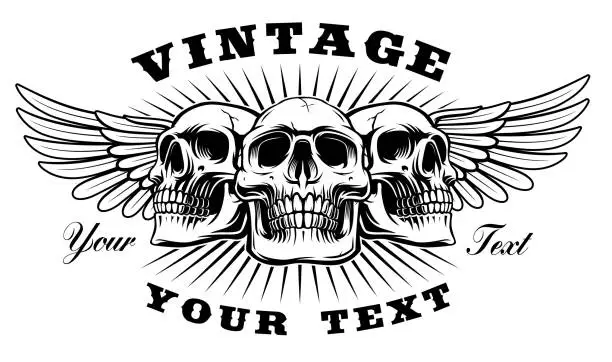 Vector illustration of Vintage skull with wings