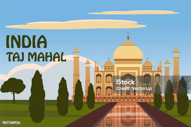 Vetores de O Taj Mahal Mausoléu De Mármore Branco Na Margem Sul Do Rio Yamuna Na Cidade Indiana De Agra Uttar Pradesh Céu Estrelado Ilustração Em Vetor Isolado e mais imagens de Taj Mahal