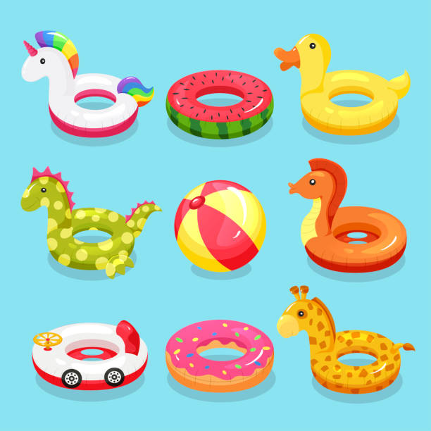 aufblasbare schwimmen ring-satz - swimming pool illustrations stock-grafiken, -clipart, -cartoons und -symbole