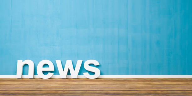 3D White News Text Shape on Brown Wooden Floor Against Blue Wall with Copyspace - 3D Illustration