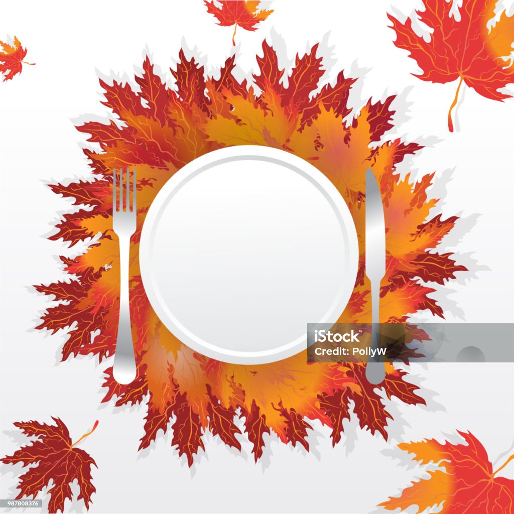 Autumn leaves round  label Autumn leaves with plate fork  and knife , served holidays table , romantic motive illustration with falling leafs, thanksgiving table. Plate stock vector