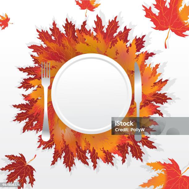 Autumn Leaves Round Label Stock Illustration - Download Image Now - Plate, Autumn Leaf Color, Thanksgiving - Holiday