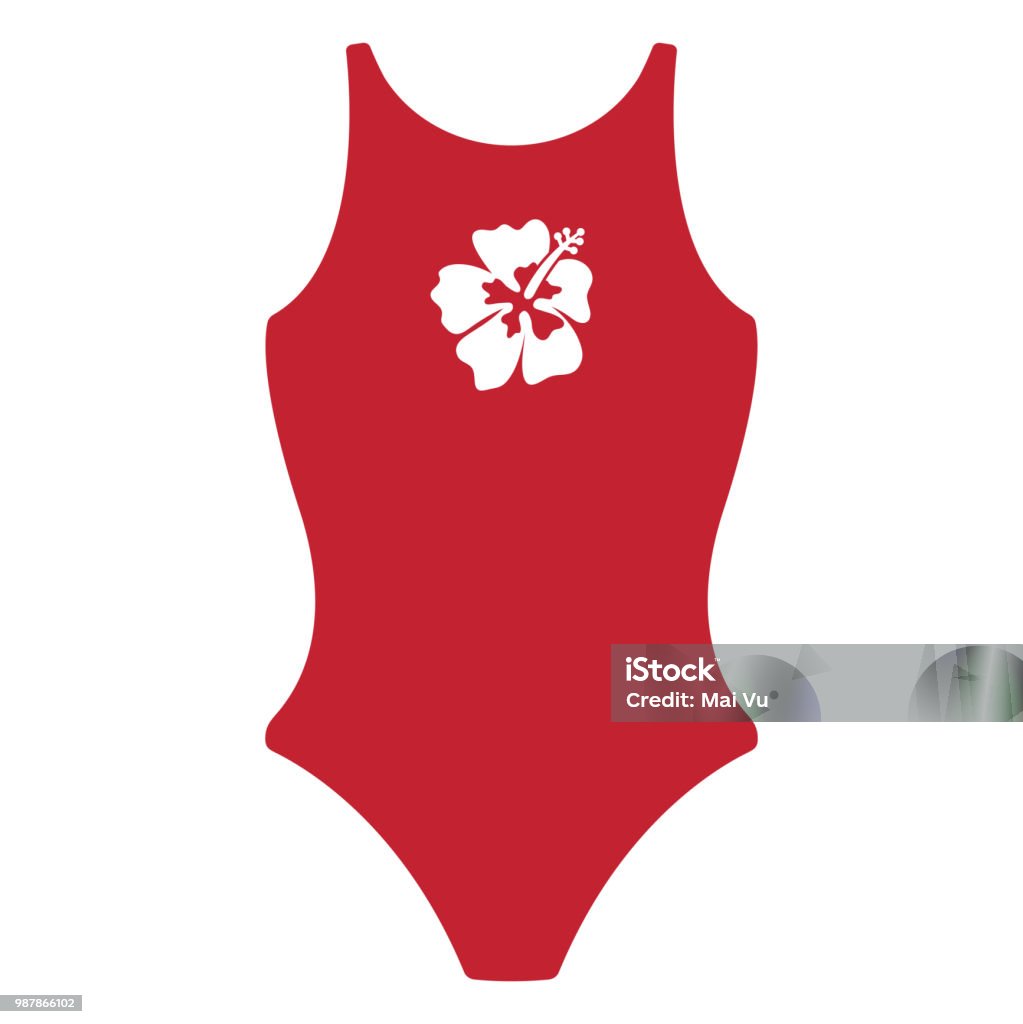 Red Swim Suit Red one piece swim suit with white hibiscus flower design One Piece Swimsuit stock vector