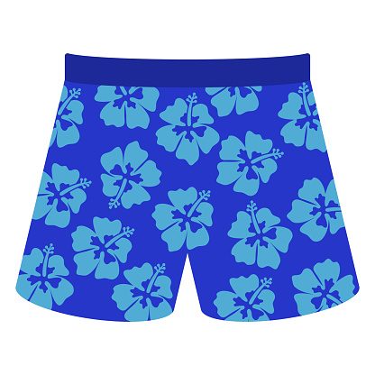 Blue swim shorts or swim trunks with light blue hibiscus flower design