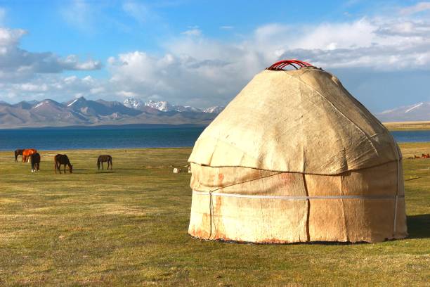 The ger camp in a large meadow at Ulaanbaatar , Mongolia stock photo