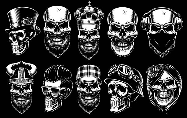 Set of different skulls Set of different skulls. Shirt designs, badges, stickers with viking, king, gentleman, barber, biker and other. Isolated black and white illustrations. black and white eyeglasses clip art stock illustrations