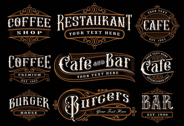 illustrazioni stock, clip art, cartoni animati e icone di tendenza di set di illustrazioni lettering vintage per la ristorazione - bar