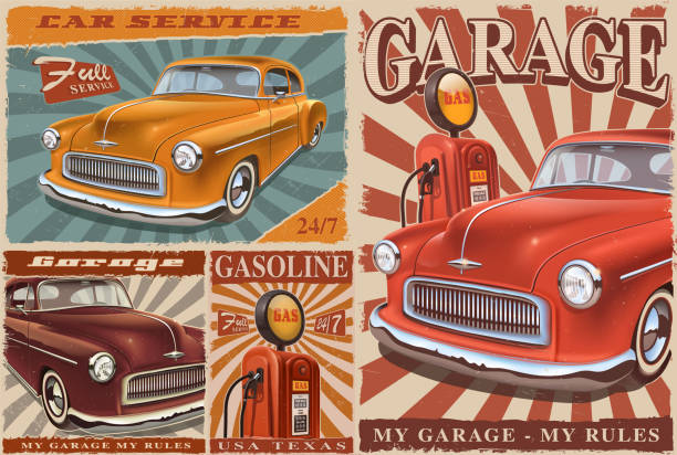 bildbanksillustrationer, clip art samt tecknat material och ikoner med uppsättning av veteranbilar affischer - ombyggd bil illustrationer