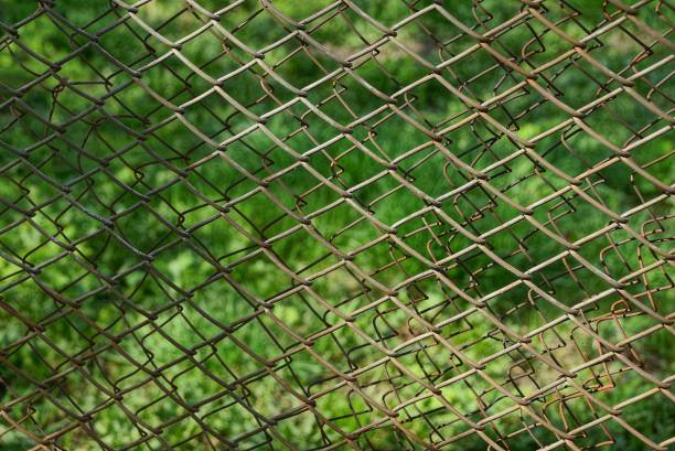 istock Iron texture from a gray rusty mesh from a fence on a green background 987886914