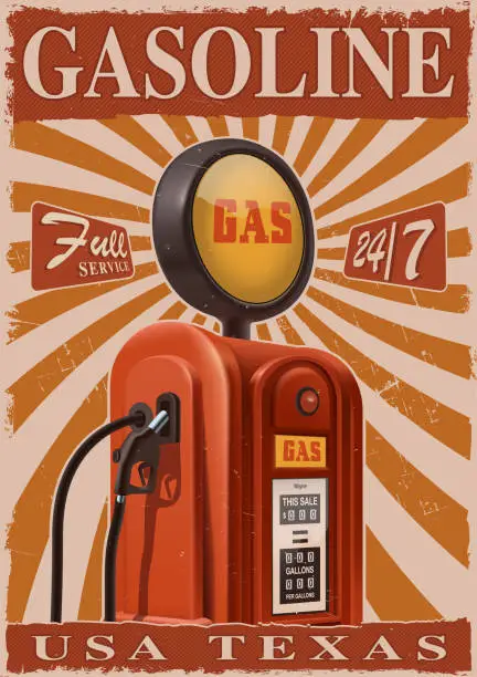 Vector illustration of Vintage poster with old gas pump