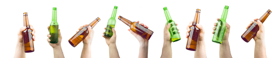 Bunch Of Hands Holding Ice Cold Wet Brown And Green Beer Bottles Isolated On White