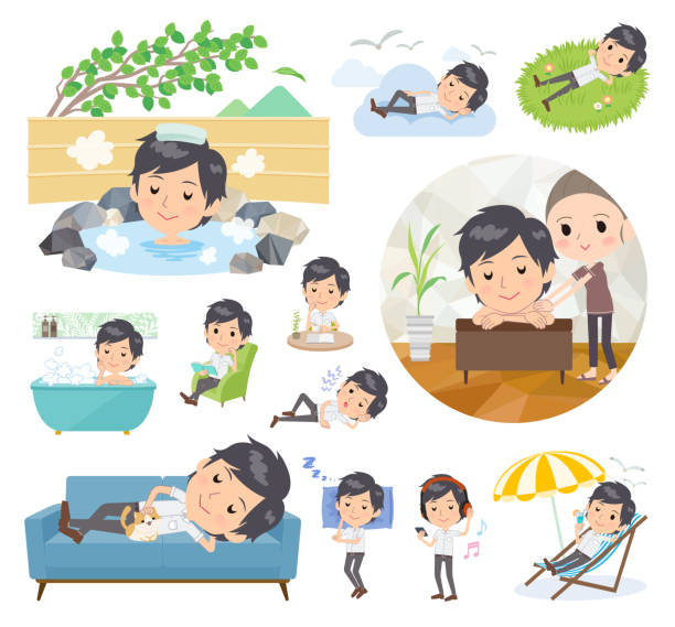 illustrations, cliparts, dessins animés et icônes de chemise à manches courtes blanc men_relax - homme allongé herbe