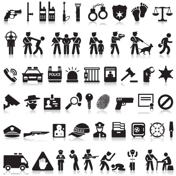 ilustraciones, imágenes clip art, dibujos animados e iconos de stock de conjunto de iconos de la policía. - infraccion
