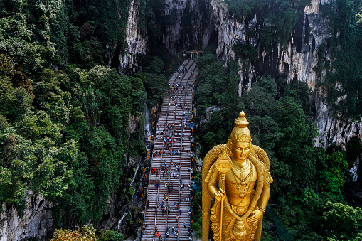 Panoramic aerial view of Batu Caves at sunset on Thaipusam festival evening, Malaysia